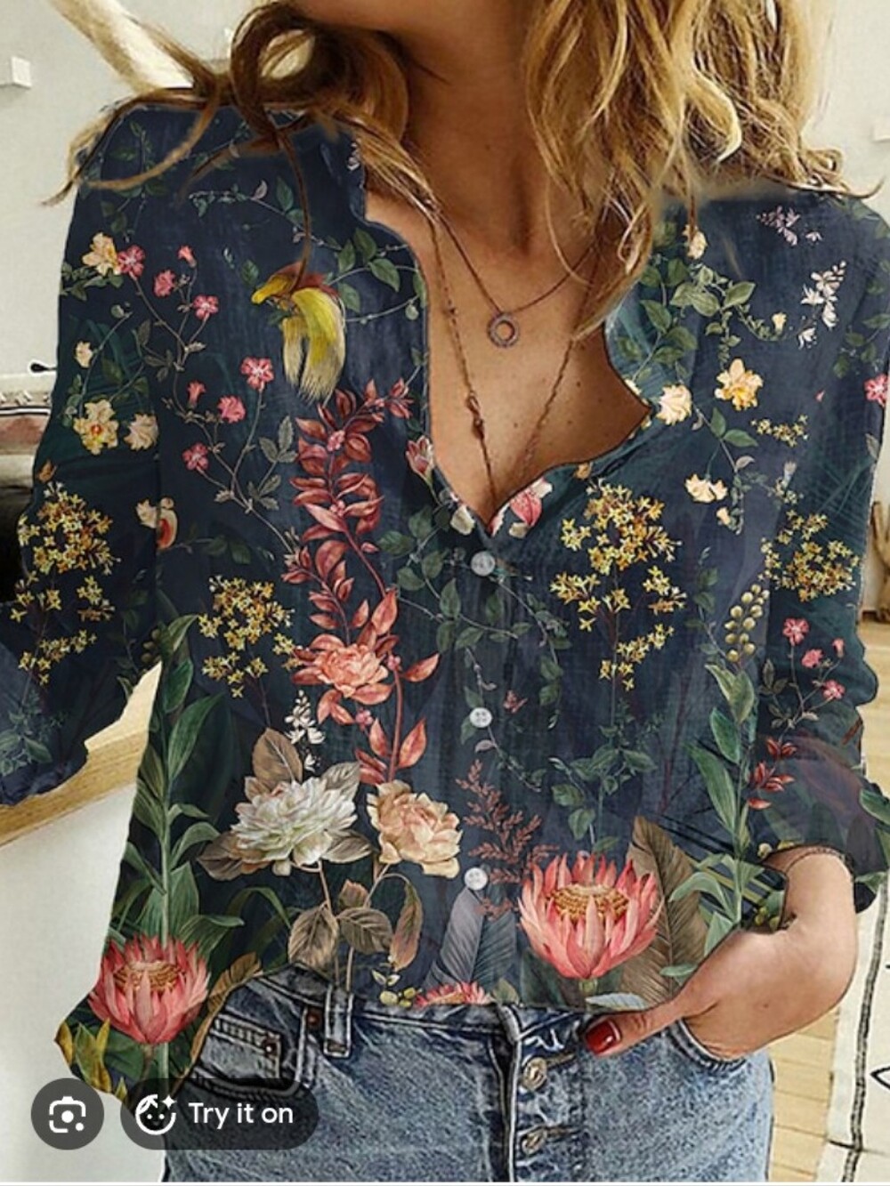 Women's Floral Button-Down Shirt in Dark Navy - Picture 2 of 6